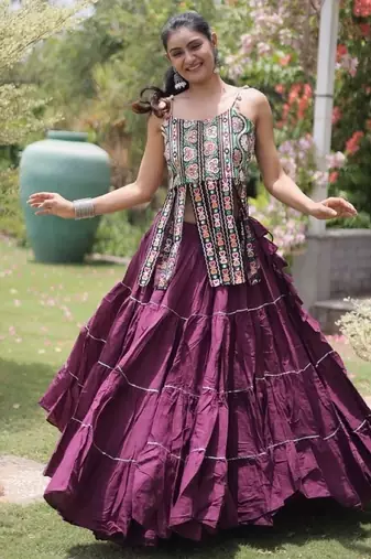 Purple Cotton Readymade Navratri Lehenga Choli with Kutchi & Patchework