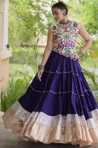 Violet Rayon Readymade Navratri Lehenga Choli with Kutchi Work