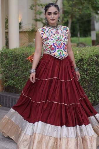 Maroon Rayon Readymade Navratri Lehenga Choli with Kutchi Work