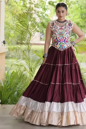Maroon Rayon Readymade Navratri Lehenga Choli with Kutchi Work