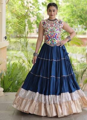 Teal Rayon Readymade Navratri Lehenga Choli with Kutchi Work 1