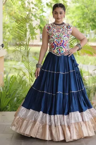 Teal Rayon Readymade Navratri Lehenga Choli with Kutchi Work