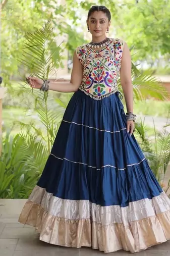 Teal Rayon Readymade Navratri Lehenga Choli with Kutchi Work