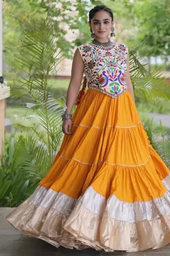 Yellow Rayon Readymade Navratri Lehenga Choli with Kutchi Work