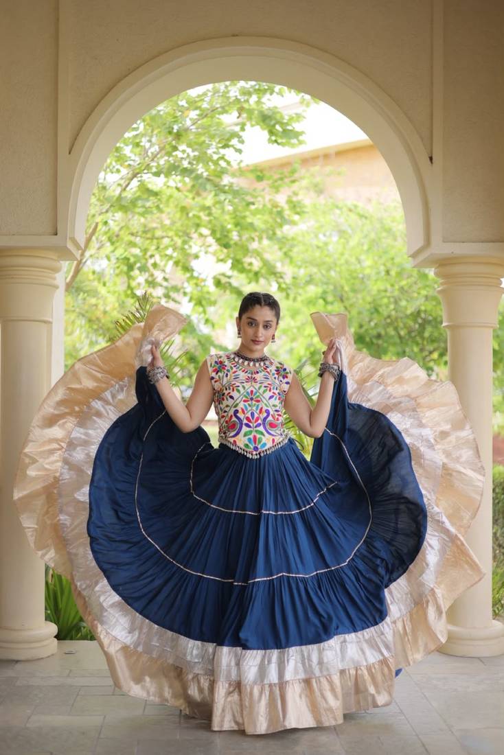 Teal Rayon Readymade Navratri Lehenga Choli with Kutchi Work