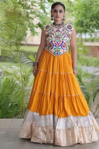 Yellow Rayon Readymade Navratri Lehenga Choli with Kutchi Work