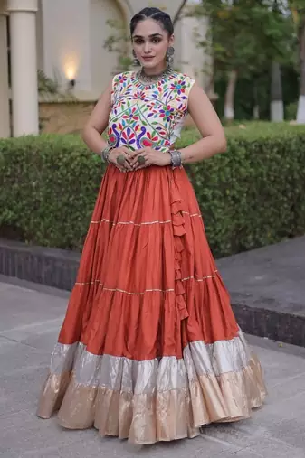 Rust Rayon Readymade Navratri Lehenga Choli with Kutchi Work