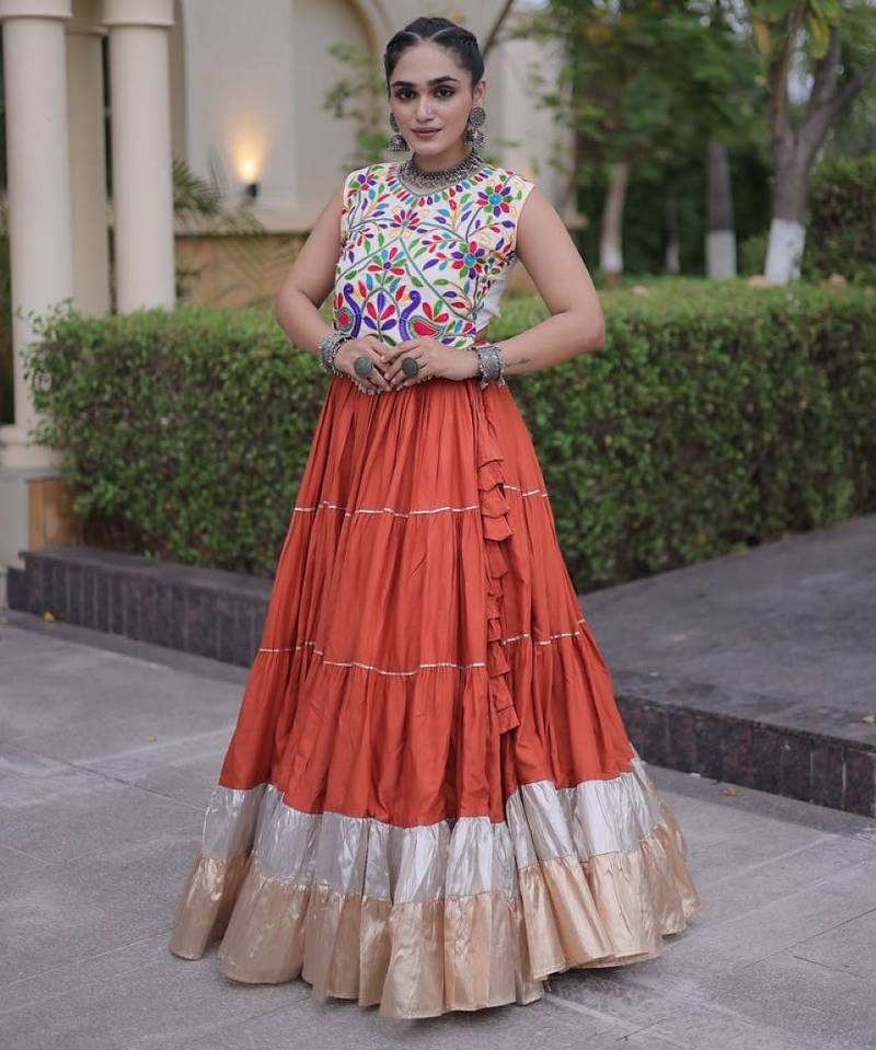 Rust Rayon Readymade Navratri Lehenga Choli with Kutchi Work
