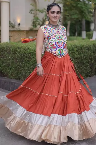 Rust Rayon Readymade Navratri Lehenga Choli with Kutchi Work