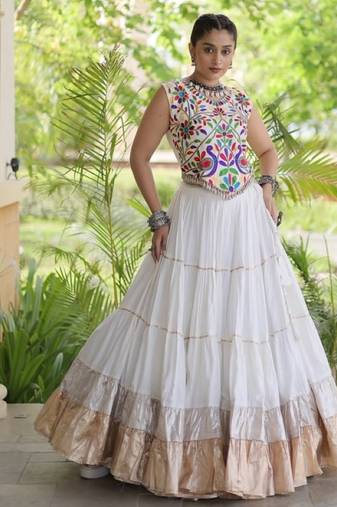 White Rayon Readymade Navratri Lehenga Choli with Kutchi Work