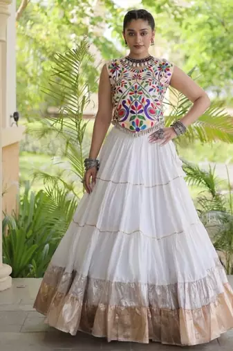 White Rayon Readymade Navratri Lehenga Choli with Kutchi Work