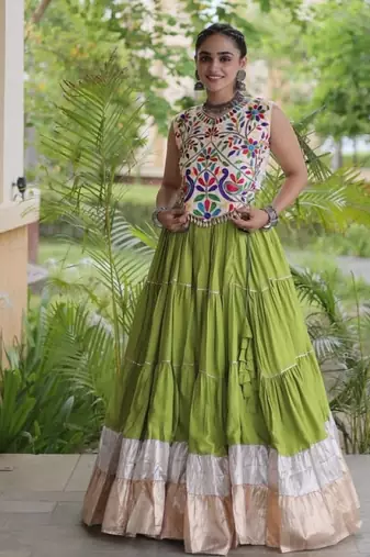 Green Rayon Readymade Navratri Lehenga Choli with Kutchi Work