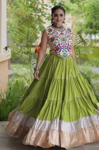 Green Rayon Readymade Navratri Lehenga Choli with Kutchi Work