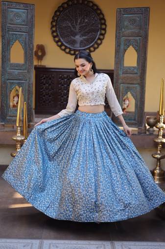 Blue Silk Blend Readymade Lehenga Choli with Jacquard Work