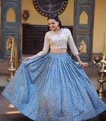 Blue Silk Blend Readymade Lehenga Choli with Jacquard Work
