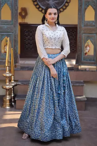 Blue Silk Blend Readymade Lehenga Choli with Jacquard Work