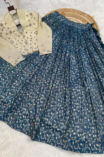 Blue Silk Blend Readymade Lehenga Choli with Jacquard Work