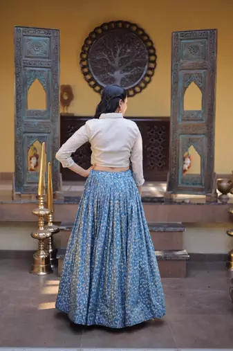 Blue Silk Blend Readymade Lehenga Choli with Jacquard Work