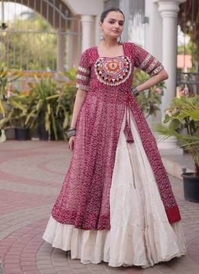 Maroon&White Cotton Readymade Navratri Lehenga Choli with Bandhej & Patchework 1