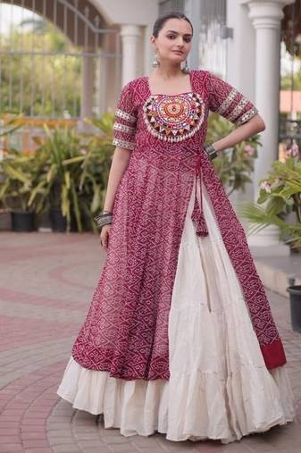 Maroon&White Cotton Readymade Navratri Lehenga Choli with Bandhej & Patchework