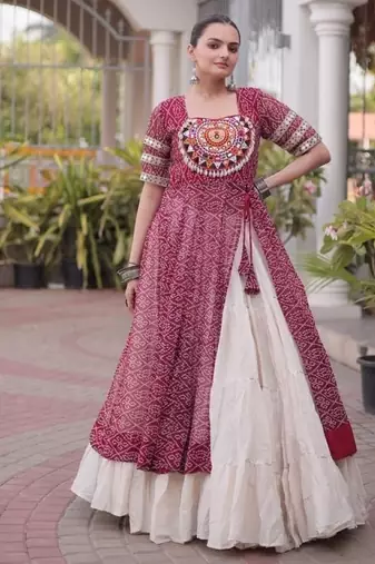 Maroon&White Cotton Readymade Navratri Lehenga Choli with Bandhej & Patchework