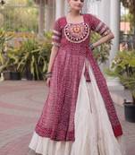 Maroon&White Cotton Readymade Navratri Lehenga Choli with Bandhej & Patchework