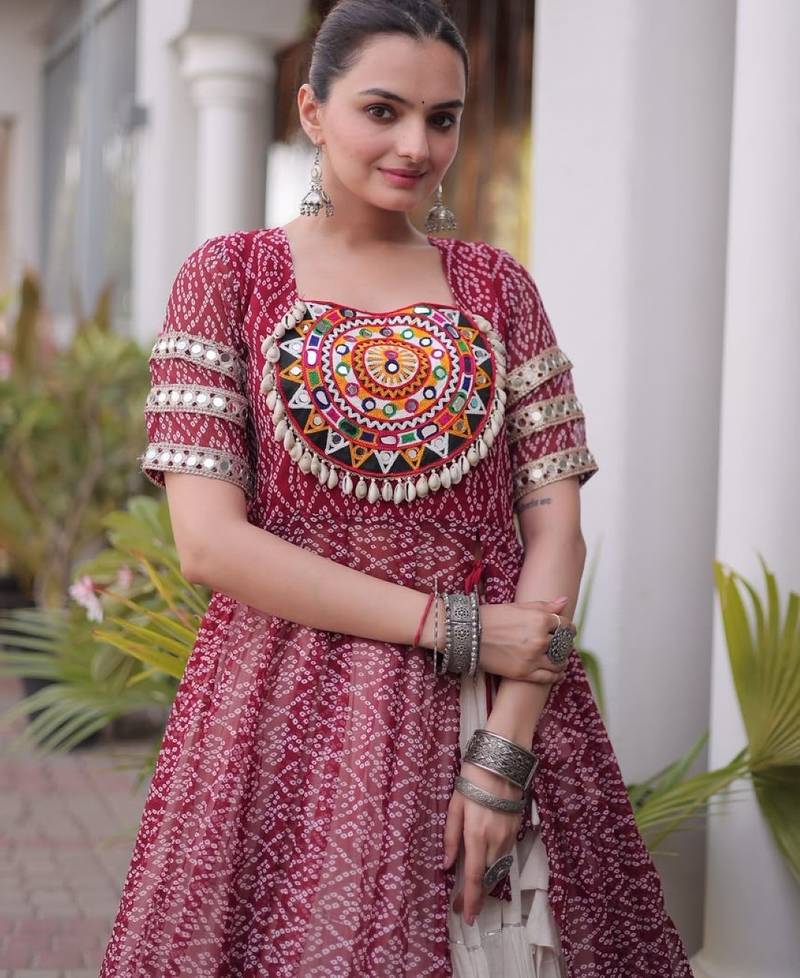 Maroon&White Cotton Readymade Navratri Lehenga Choli with Bandhej & Patchework
