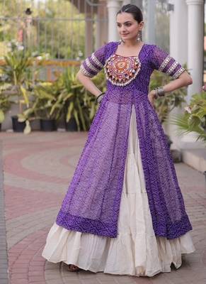 Violet&White Cotton Readymade Navratri Lehenga Choli with Bandhej & Patchework 1
