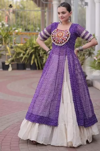 Violet&White Cotton Readymade Navratri Lehenga Choli with Bandhej & Patchework