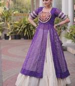 Violet&White Cotton Readymade Navratri Lehenga Choli with Bandhej & Patchework