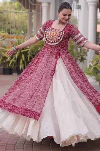Maroon&White Cotton Readymade Navratri Lehenga Choli with Bandhej & Patchework