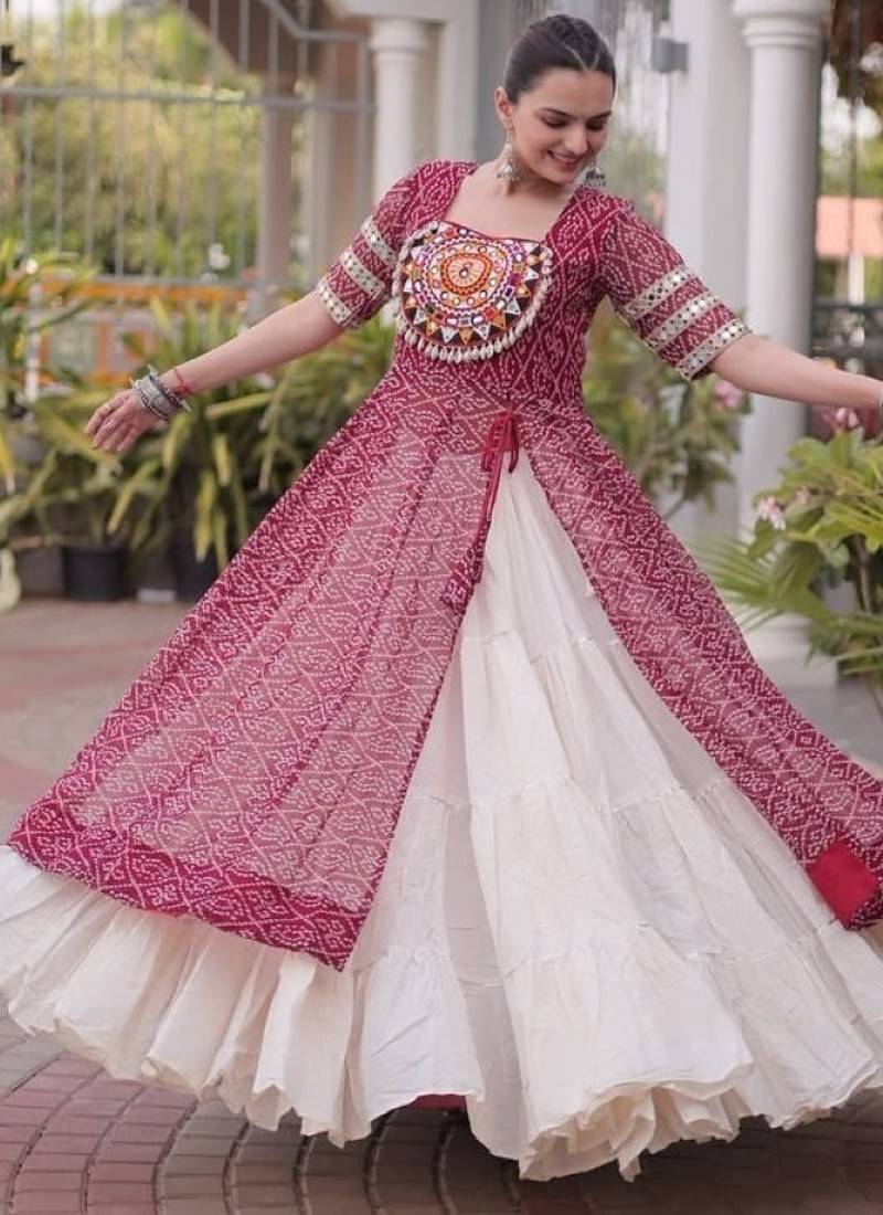Maroon&White Cotton Readymade Navratri Lehenga Choli with Bandhej & Patchework