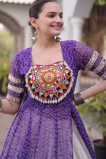 Violet&White Cotton Readymade Navratri Lehenga Choli with Bandhej & Patchework