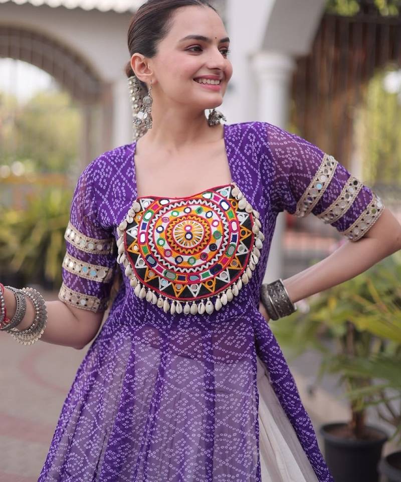 Violet&White Cotton Readymade Navratri Lehenga Choli with Bandhej & Patchework