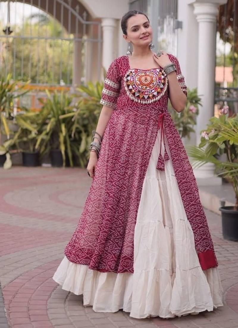 Maroon&White Cotton Readymade Navratri Lehenga Choli with Bandhej & Patchework