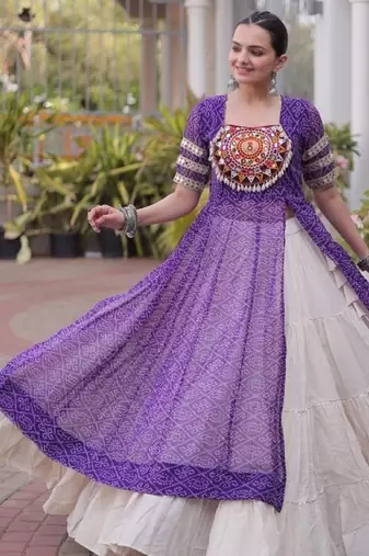 Violet&White Cotton Readymade Navratri Lehenga Choli with Bandhej & Patchework