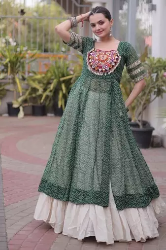 Mehendi&White Cotton Readymade Navratri Lehenga Choli with Bandhej & Patchework