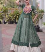 Mehendi&White Cotton Readymade Navratri Lehenga Choli with Bandhej & Patchework
