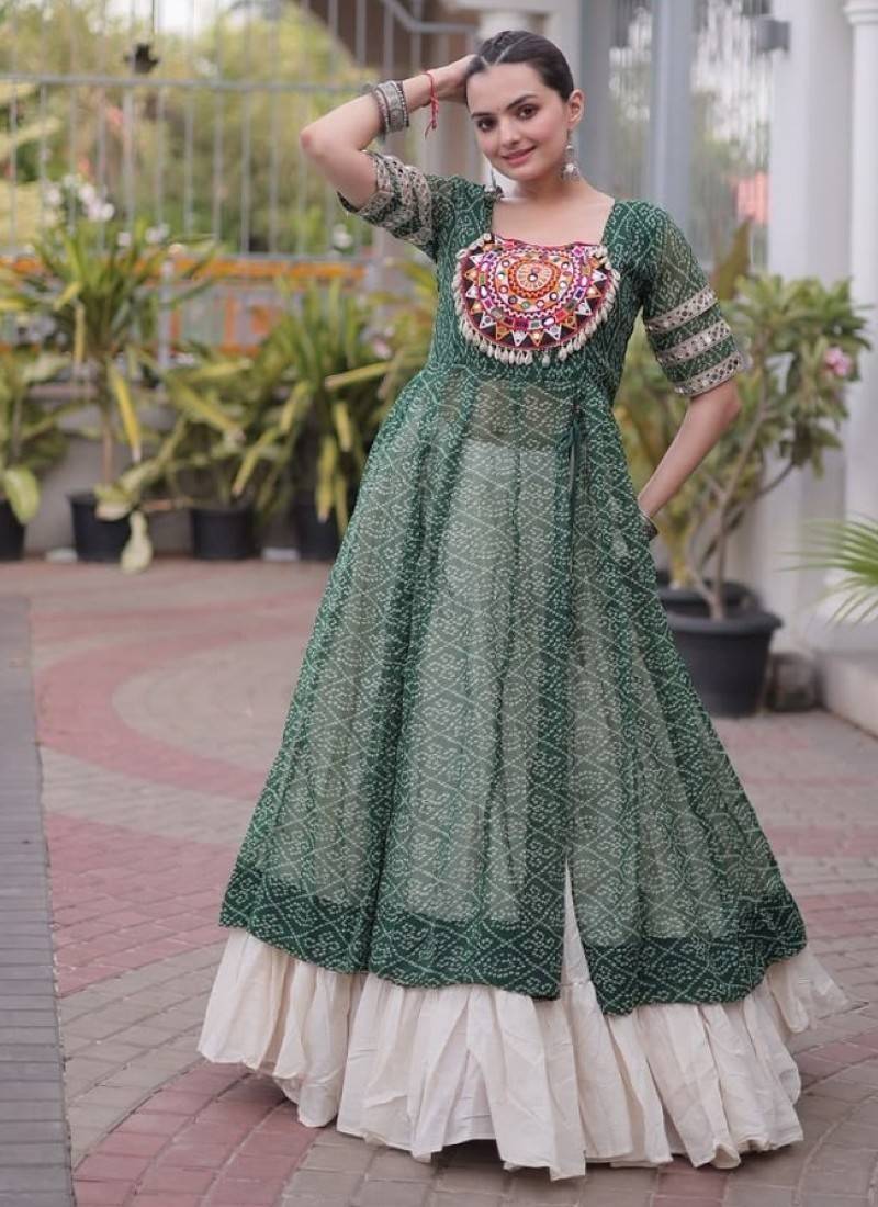 Mehendi&White Cotton Readymade Navratri Lehenga Choli with Bandhej & Patchework