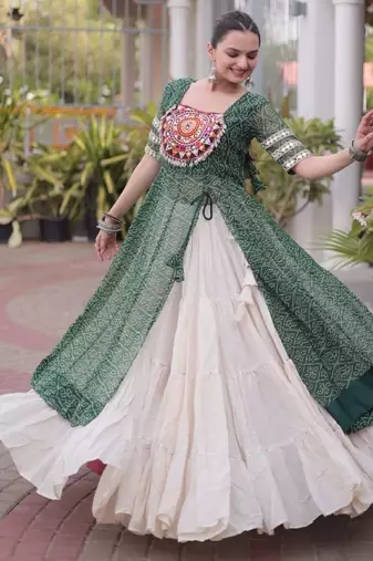 Mehendi&White Cotton Readymade Navratri Lehenga Choli with Bandhej & Patchework