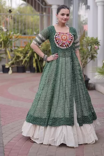 Mehendi&White Cotton Readymade Navratri Lehenga Choli with Bandhej & Patchework