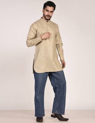 Men's solid pure linen short kurta 3