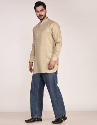 Men's solid pure linen short kurta 4