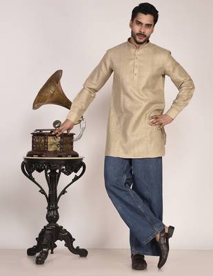 Men's solid pure linen short kurta 5