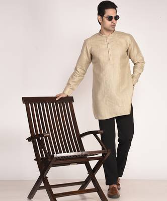 Men's solid pure linen short kurta 5