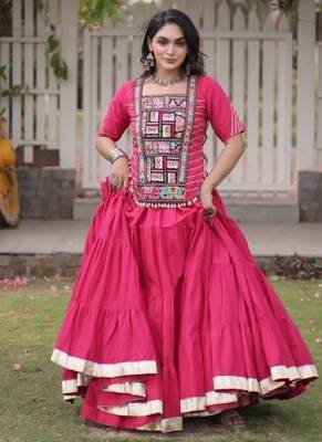 Pink Cotton Readymade Navratri Lehenga Choli with Kutchi & Patchework 4