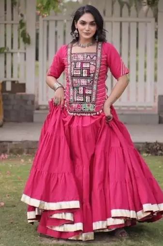 Pink Cotton Readymade Navratri Lehenga Choli with Kutchi & Patchework