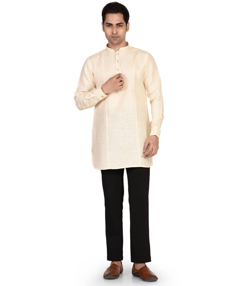 Men's pure linen short kurta with thread work