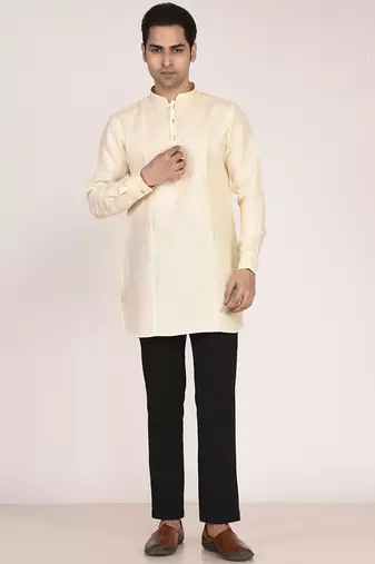 Men's pure linen short kurta with thread work