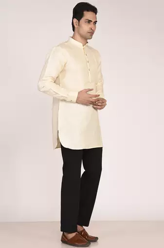 Men's pure linen short kurta with thread work